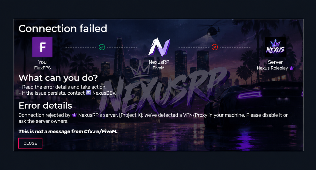 Connection rejected by NexusRP server VPN Proxy detected