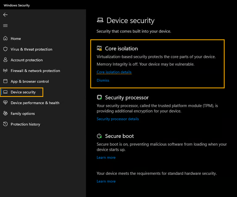 Device Security and Core isolation in Windows Security