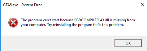GTA5.exe System Error - D3DCOMPILER_43.dll is missing