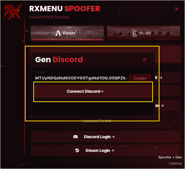 Gen Discord modal showing token and Connect Discord button