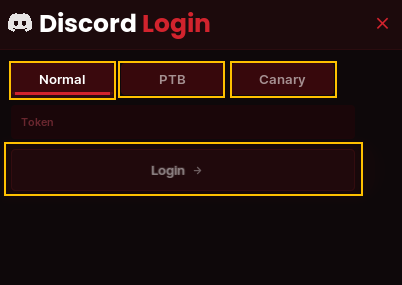 Discord Login popup showing Normal, PTB, and Canary client selection tabs