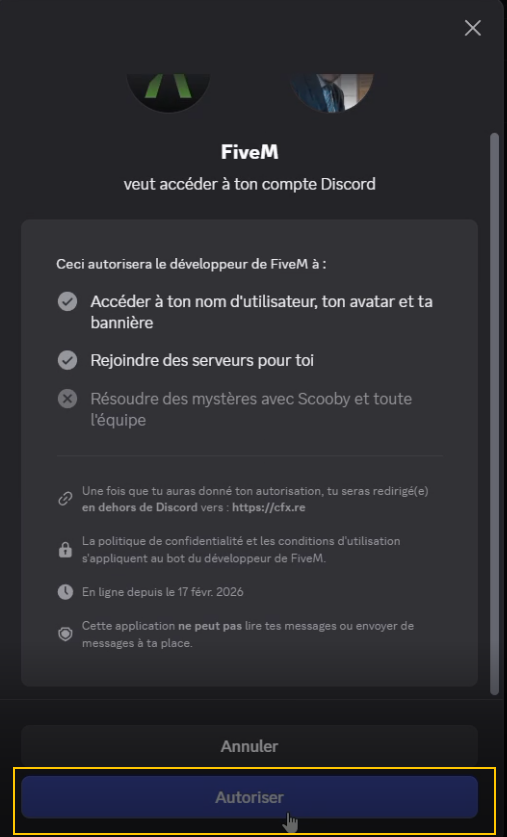 FiveM wants to access your Discord account - Click Authorize