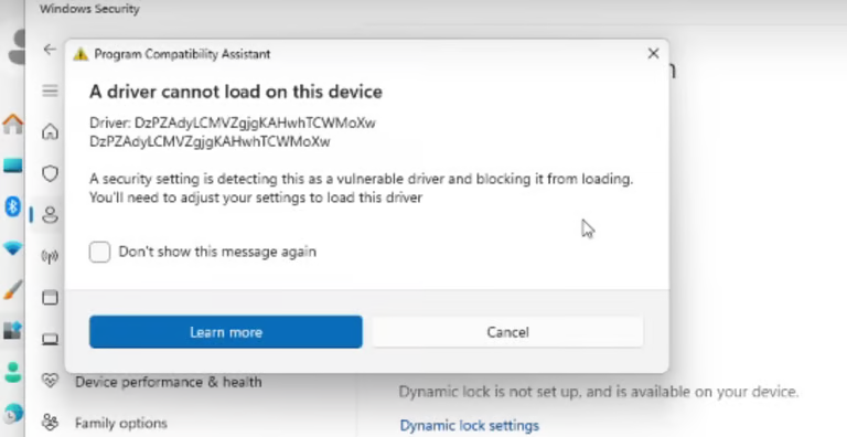 A driver cannot load on this device popup error