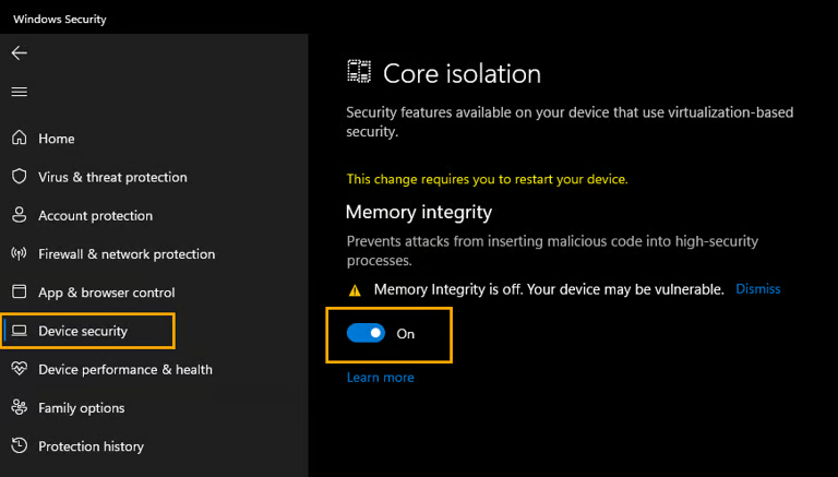Memory integrity toggle switch in Windows Security