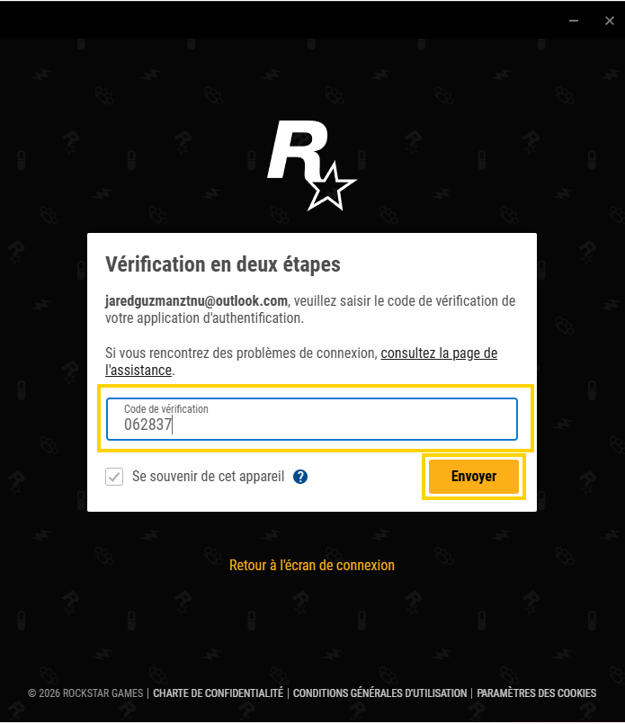 Entering 2FA verification code in Rockstar Launcher