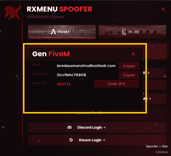 Gen FiveM popup showing email, password and 2FA code