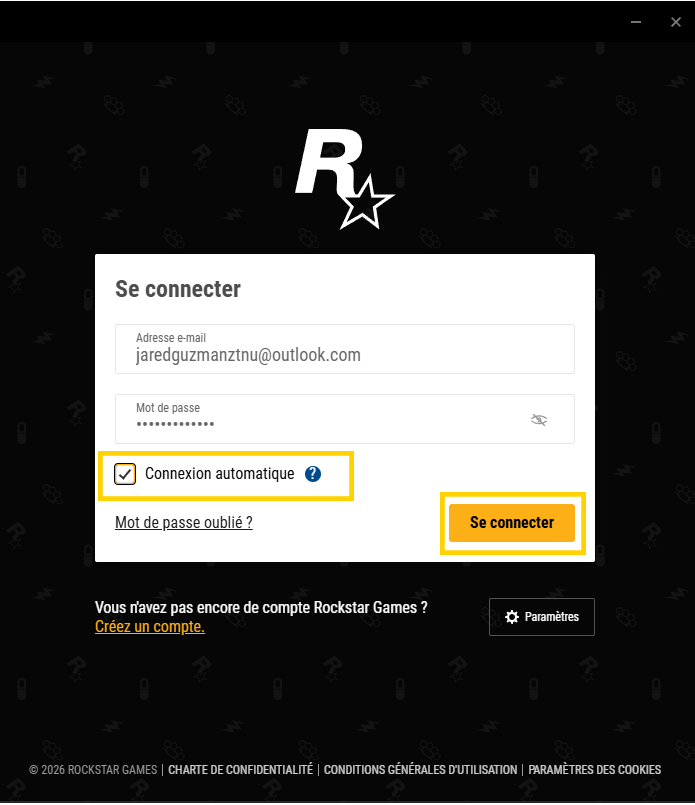 Entering generated email and password in Rockstar Launcher