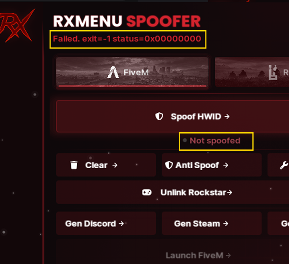 RXMENU Spoofer Failed - exit=-1 status=0x00000000 - Not spoofed